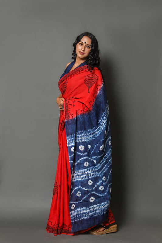 Red Mulmul Cotton Saree