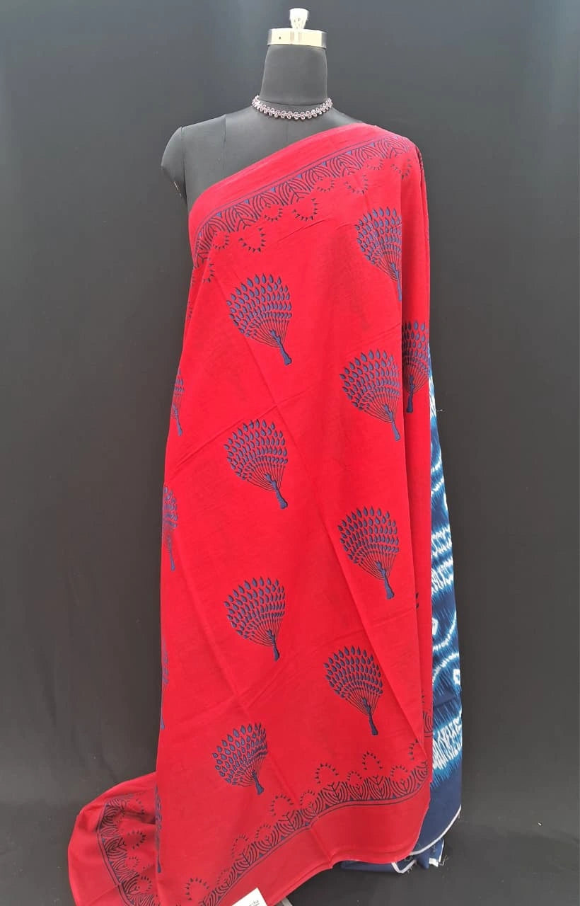 Vibrant Red & Indigo Blue Tie-Dye Mulmul Cotton Saree