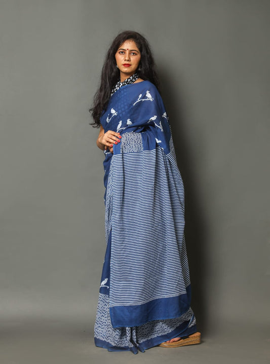 Blue Mulmul Cotton Saree