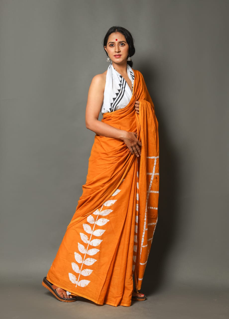 Orange Mulmul Cotton Saree