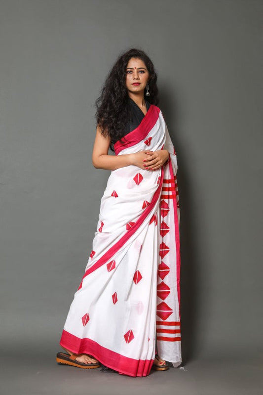 White Mulmul cotton saree