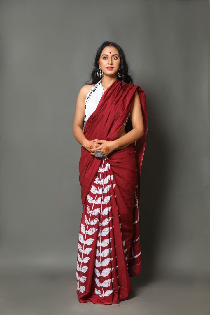 Maroon Mulmul Cotton Saree