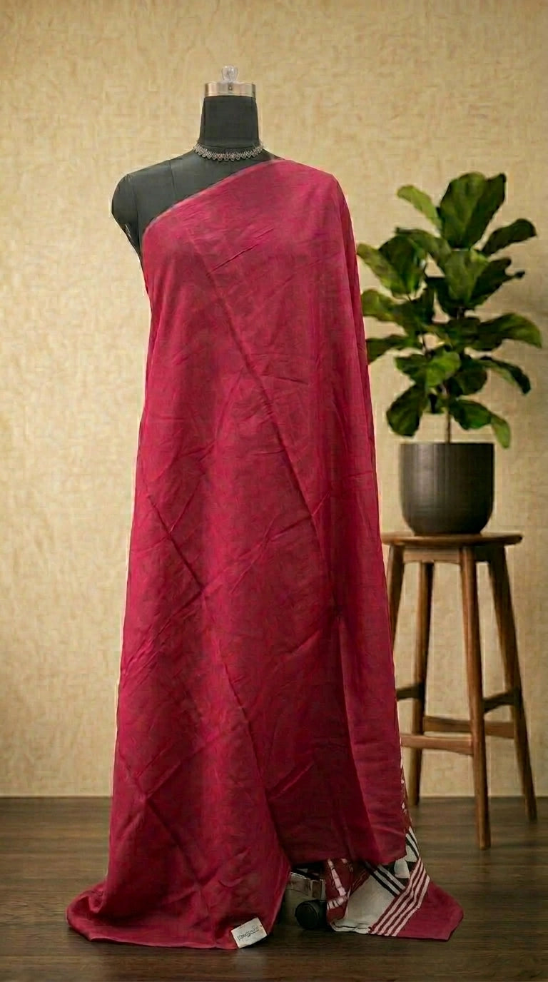 Maroon & White Leaf Print Mulmul Cotton Saree