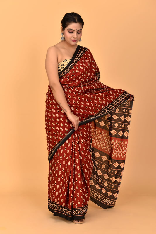 Brick Red Mulmul Cotton Saree