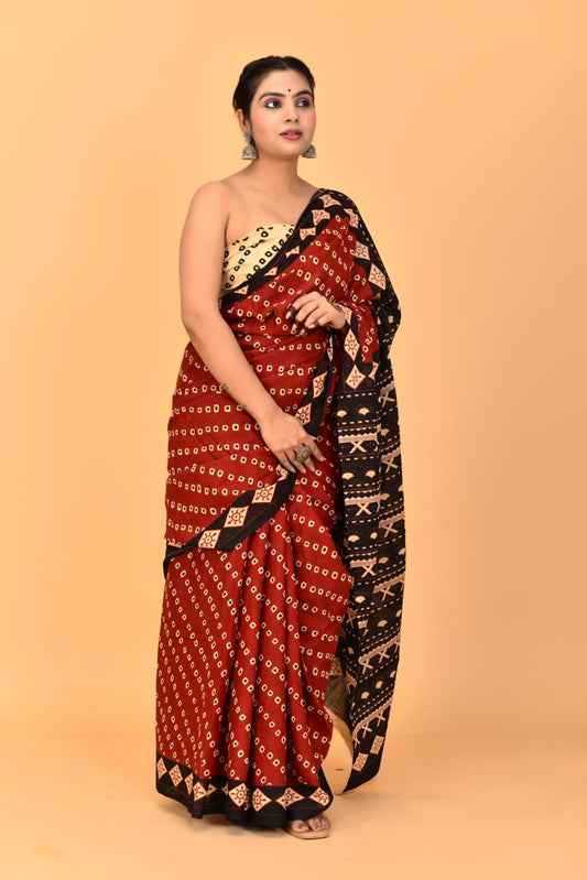 Brick Red Mulmul Cotton Saree