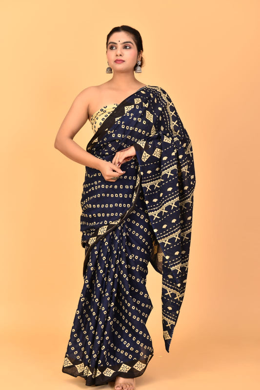 Navy Blue Mulmul Cotton Saree