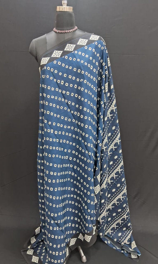 Navy Blue and Cream Geometric Print Mulmul Cotton Saree