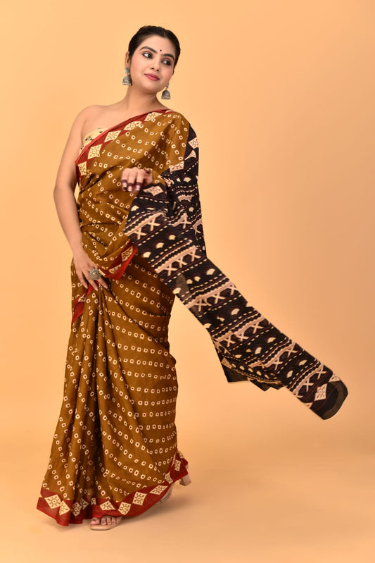 Brown Mulmul Cotton Saree