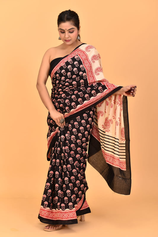 Black Mulmul Cotton Saree