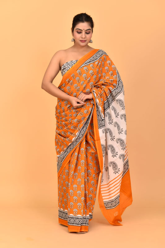 Mustard Yellow Mulmul Cotton Saree