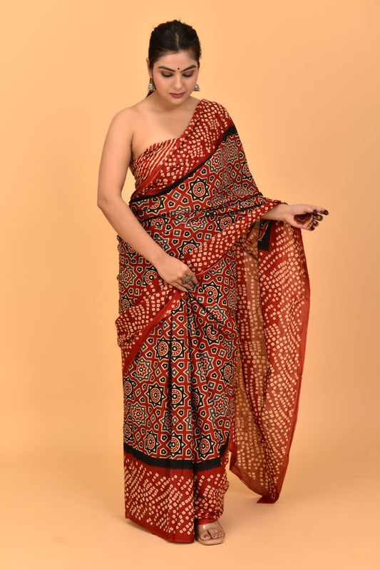 Maroon Mulmul cotton Saree