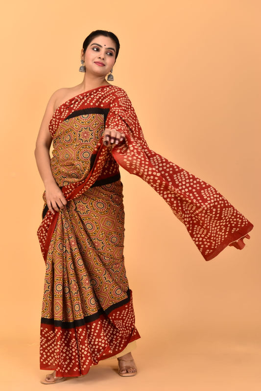 Brown Mulmul Cotton Saree
