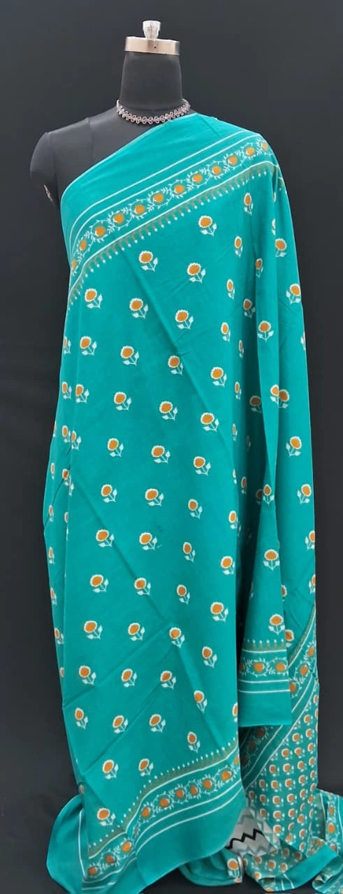 Sea green Mulmul Cotton Saree with Floral Motifs