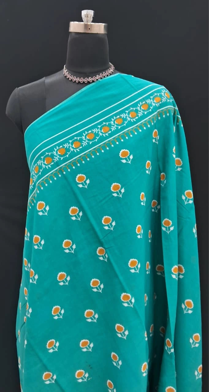 Sea green Mulmul Cotton Saree with Floral 