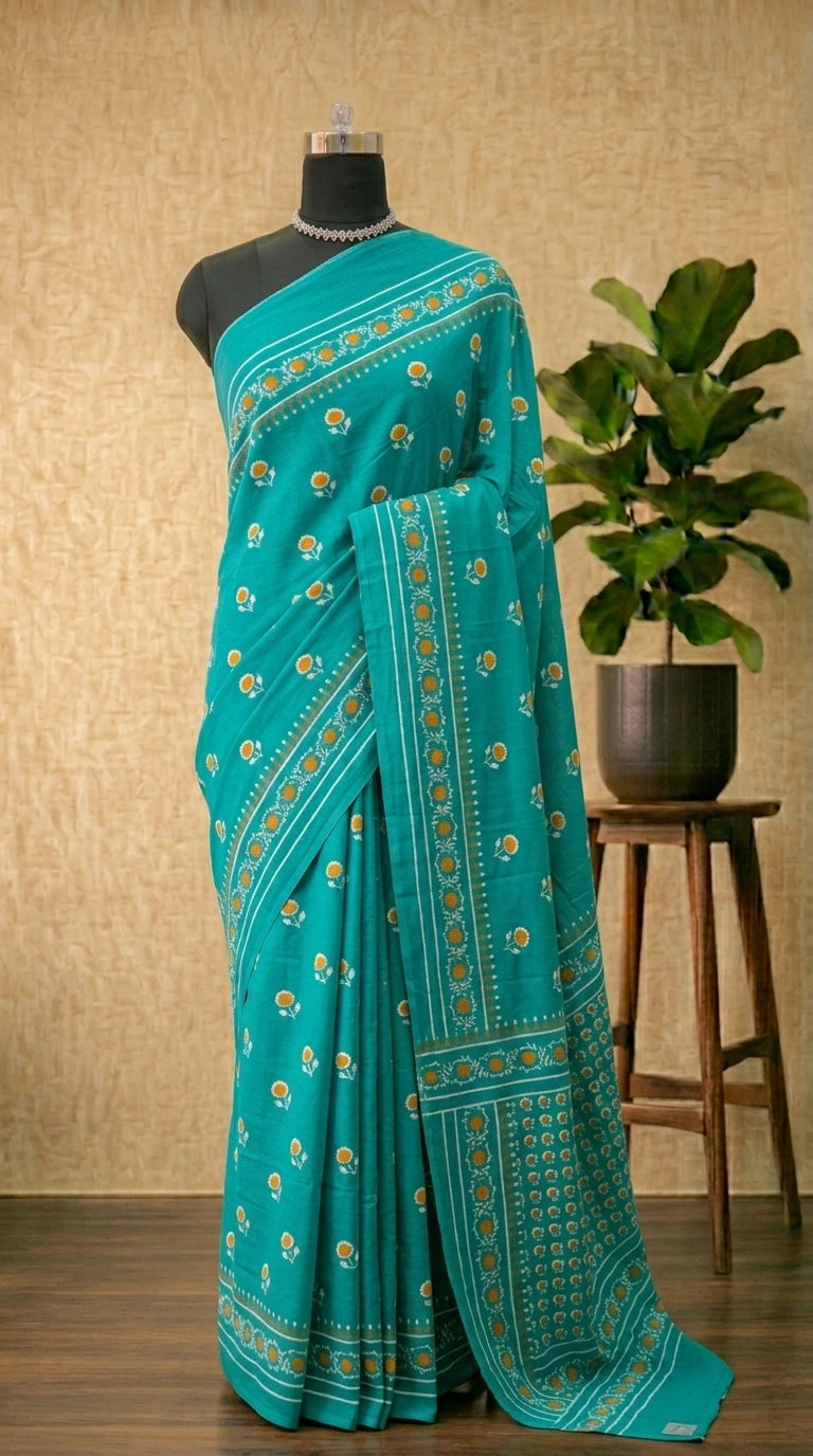 Sea green Mulmul Cotton Saree with Floral Motifs