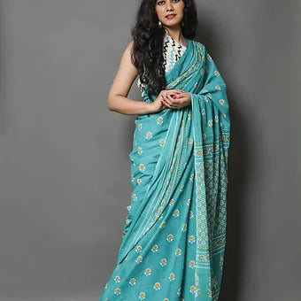 Sea green Mulmul cotton saree