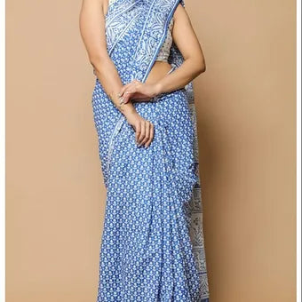 Blue Mulmul cotton saree