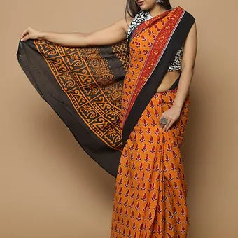 Burnt orange Mulmul cotton saree