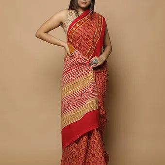 Brick Red Mulmul cotton saree