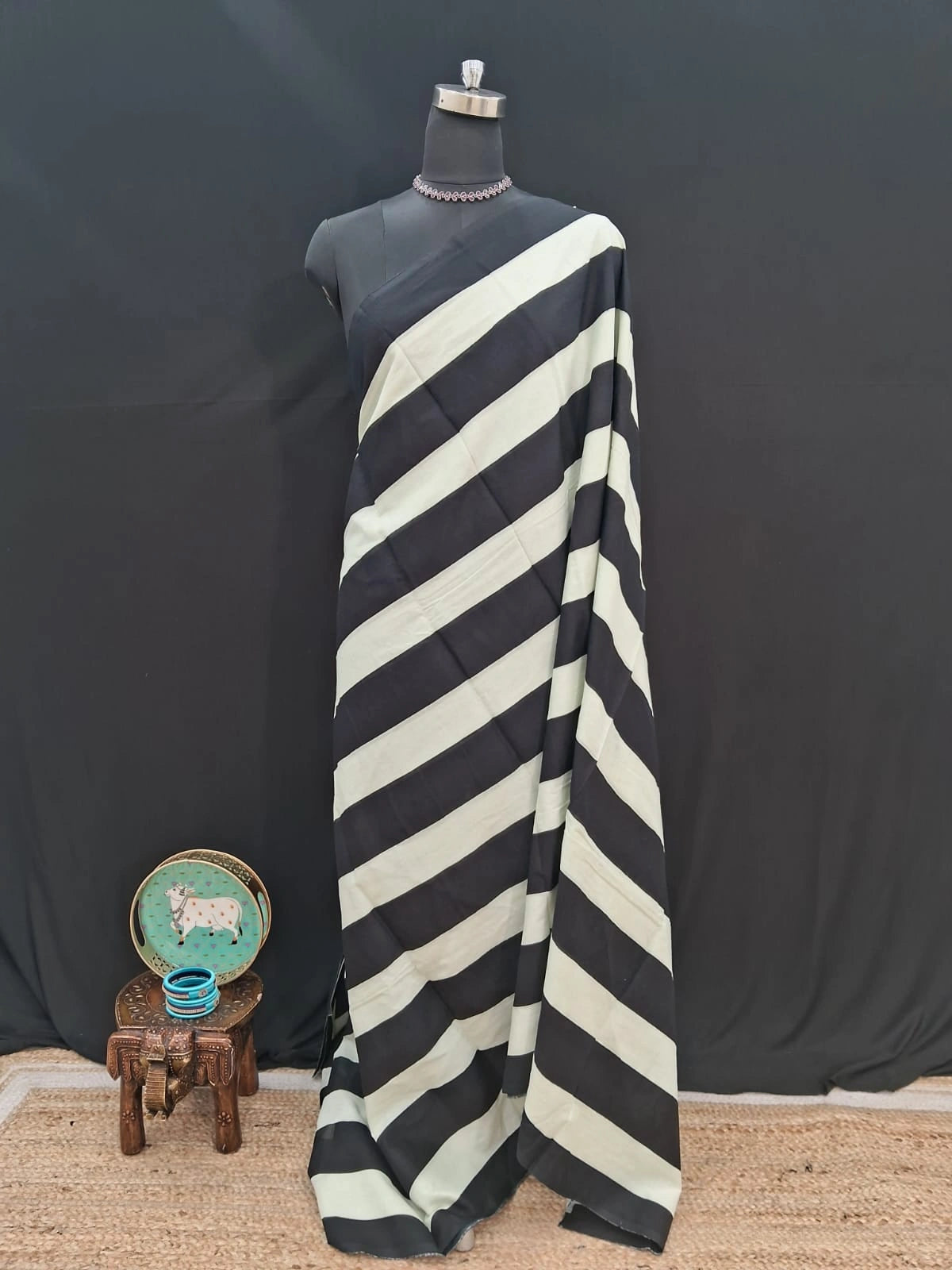 Elegant Black & White Striped Mulmul Cotton Saree