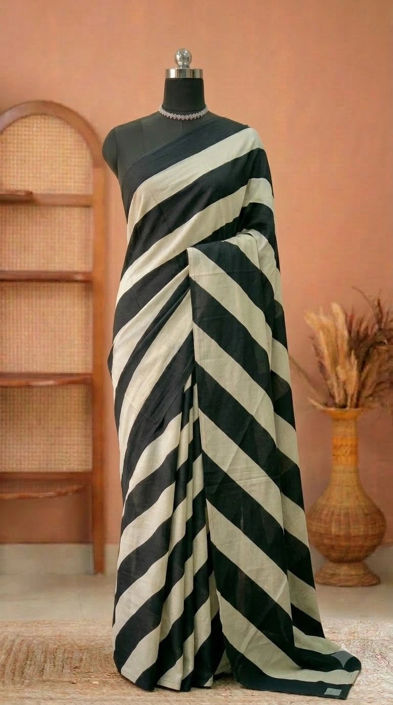 Elegant Black & White Striped Mulmul Cotton Saree