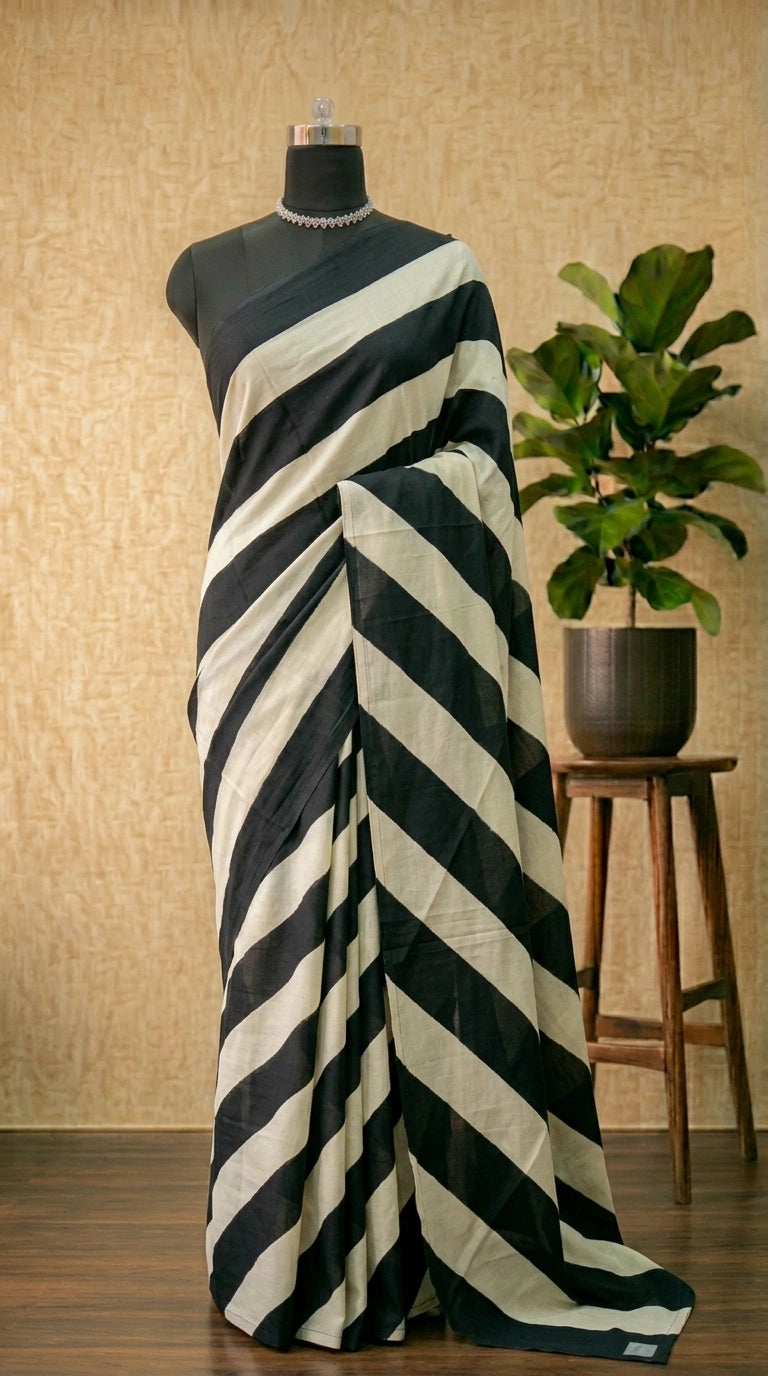 Elegant Black & White Striped Mulmul Cotton Saree
