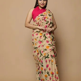 Cream Mulmul cotton saree