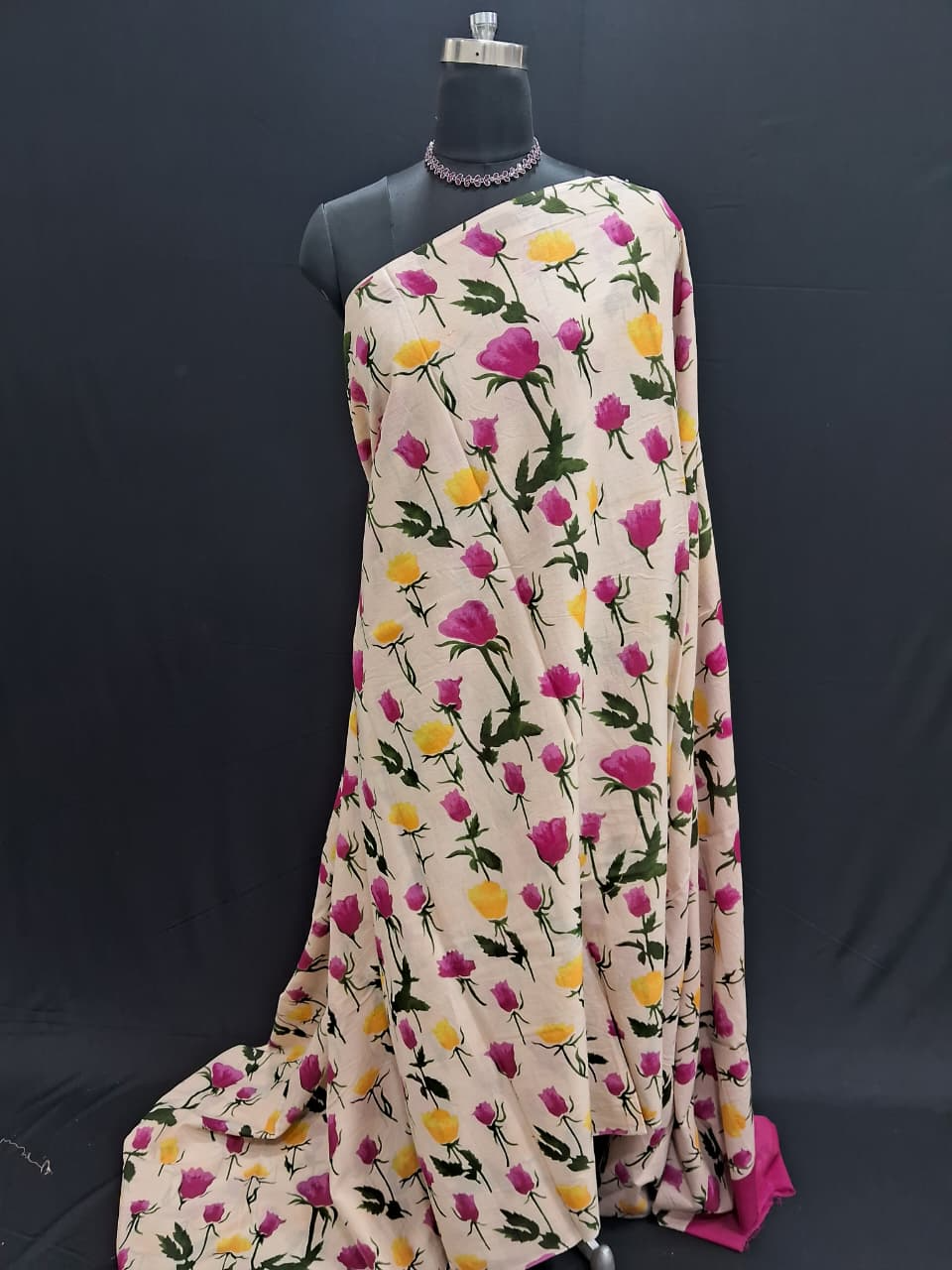 Cream Mulmul Cotton Saree with Vibrant Pink & Orange Floral Prints 