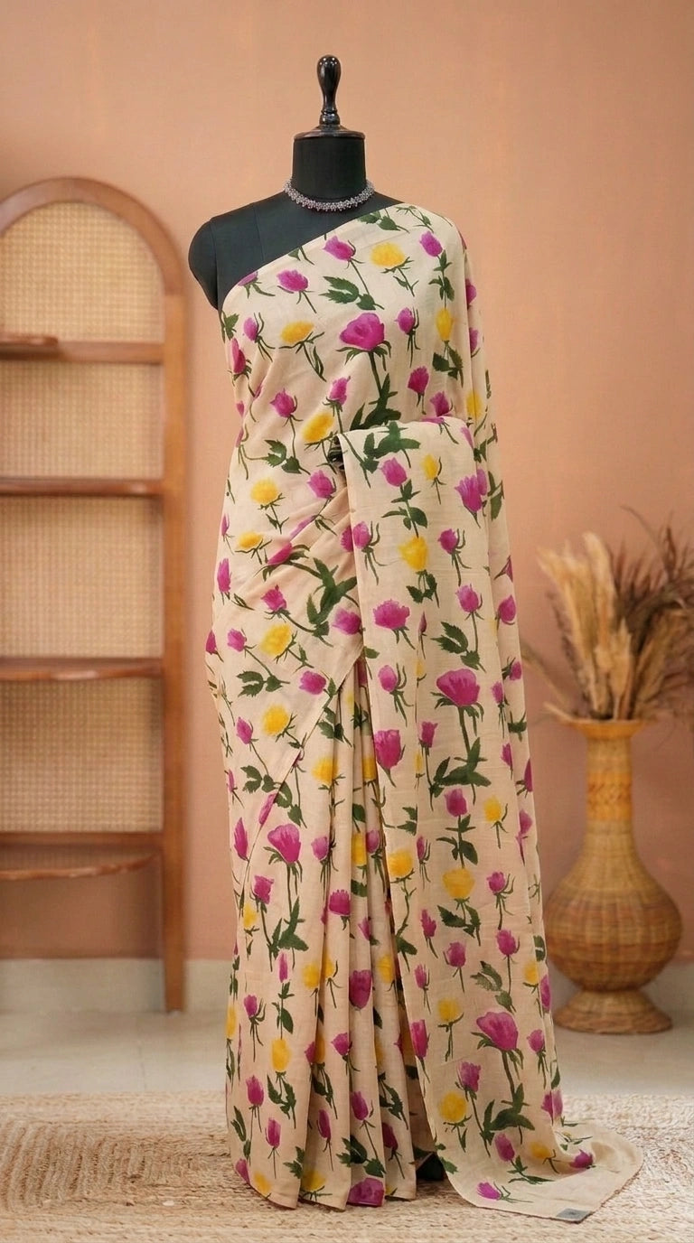 Cream Mulmul Cotton Saree with Vibrant Pink & Orange Floral Prints 