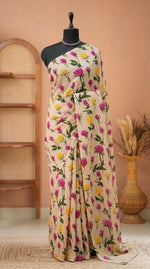 Cream Mulmul Cotton Saree with Vibrant Pink & Orange Floral Prints 