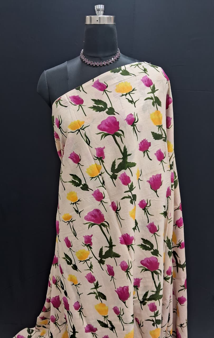 Cream Mulmul Cotton Saree with Vibrant Pink & Orange Floral Prints 1