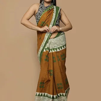 Brownish Yellow Mulmul Cotton Saree