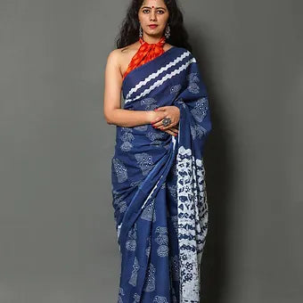 Indigo Blue Mulmul Cotton Saree