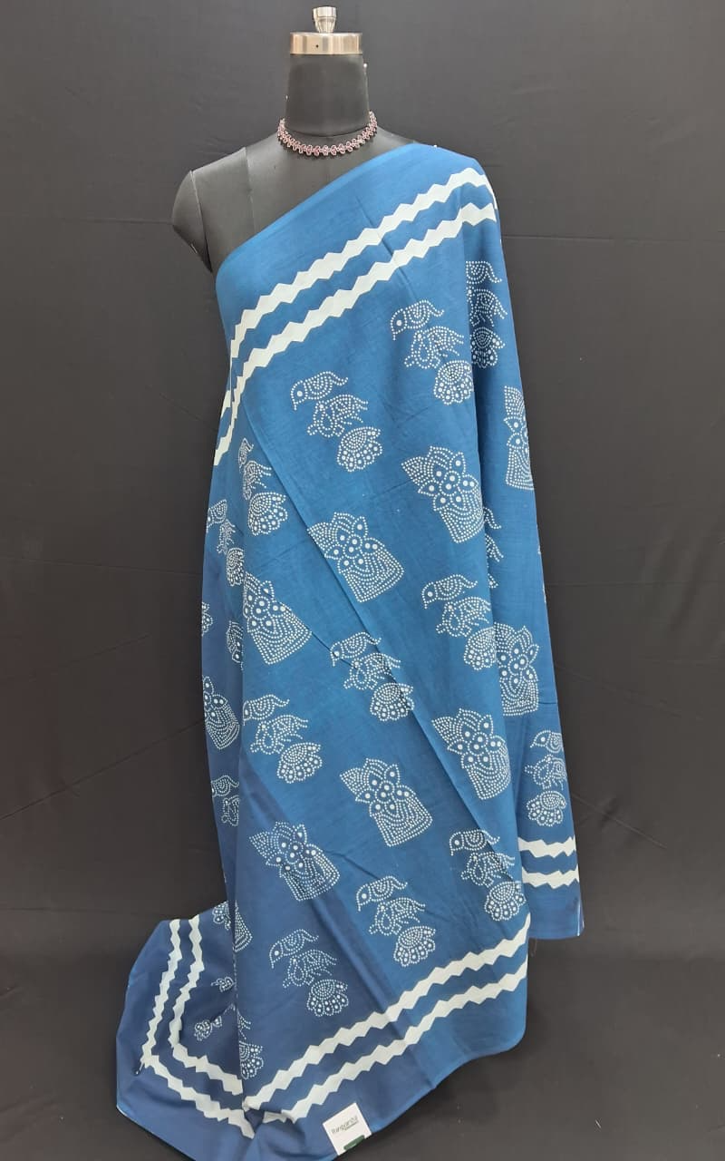 Ocean Blue Mulmul Cotton saree