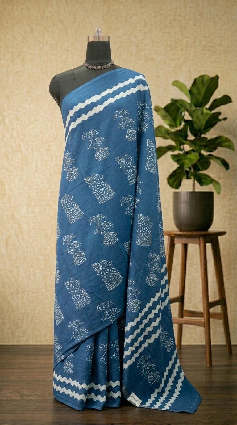 Ocean Blue Mulmul Cotton saree