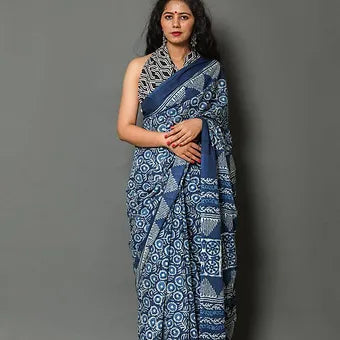 Indigo Blue Mulmul Cotton Saree