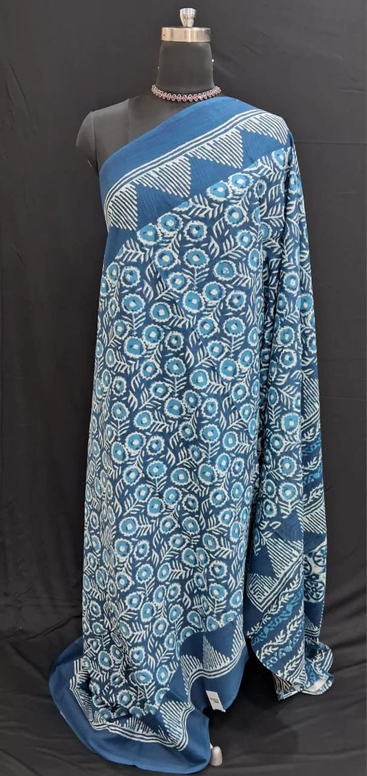 Blue & White Mulmul Cotton Saree