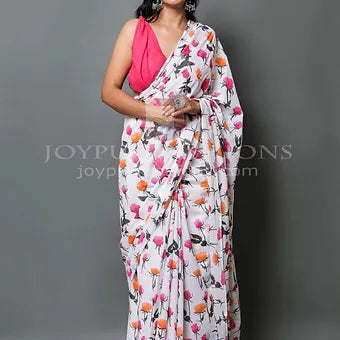 White Mulmul Cotton Saree