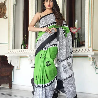 Bright Green Mulmul Cotton Saree