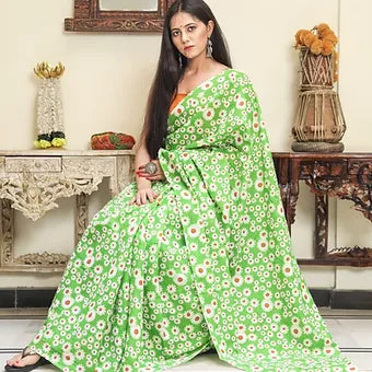 Parrot Green Mulmul Cotton Saree