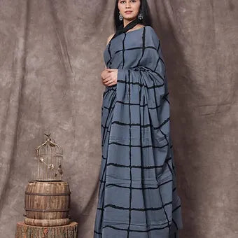 Dark Grey Mulmul Cotton Saree