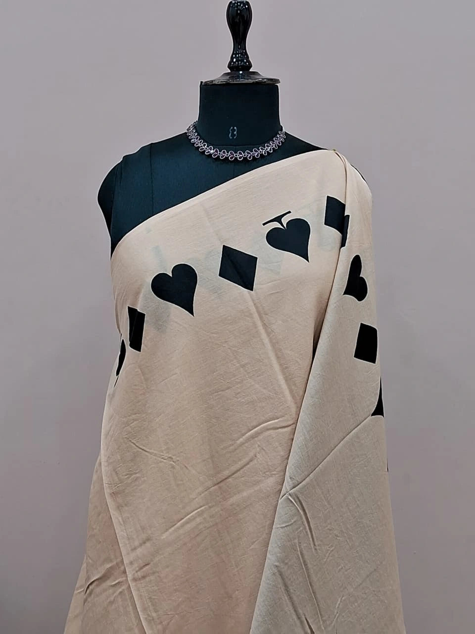 Beige & Black Playful Motif Mulmul Cotton Saree 1