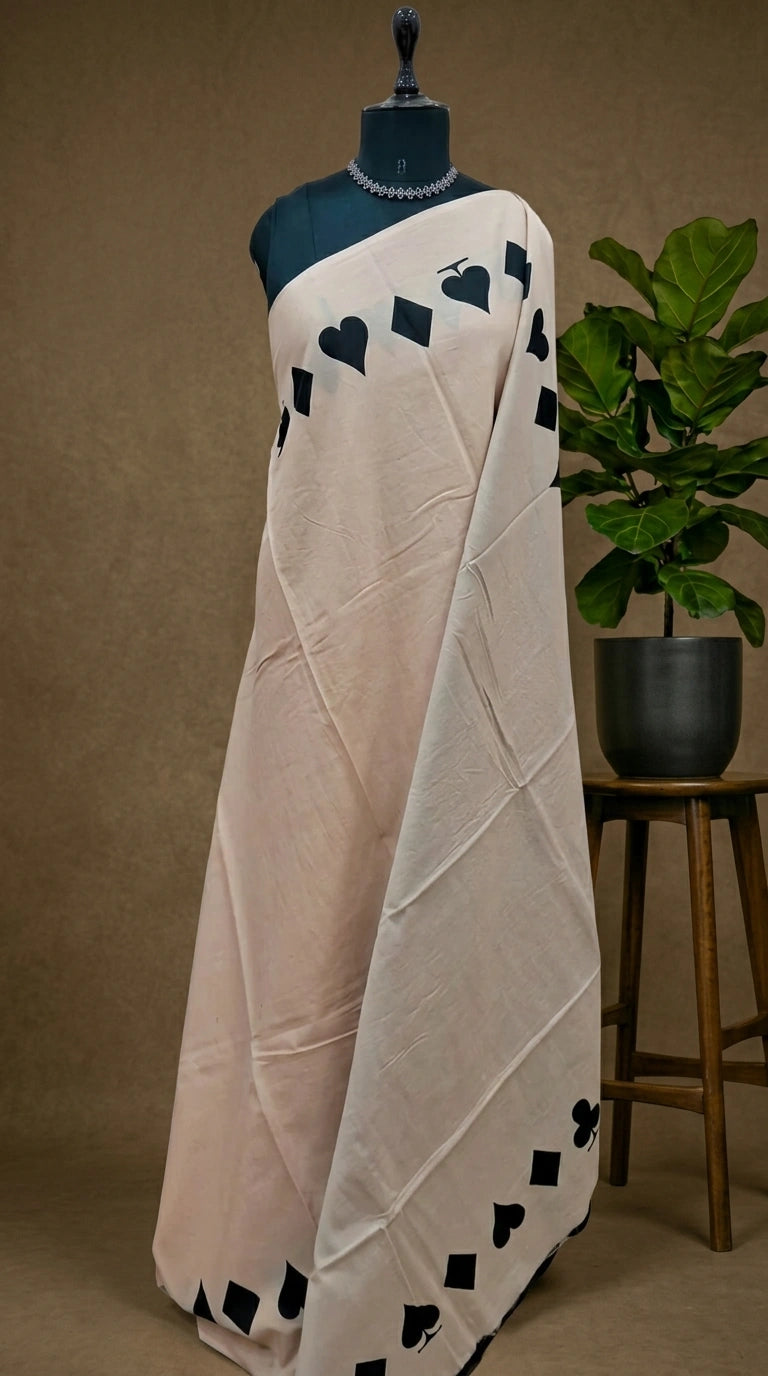 Beige & Black Playful Motif Mulmul Cotton Saree