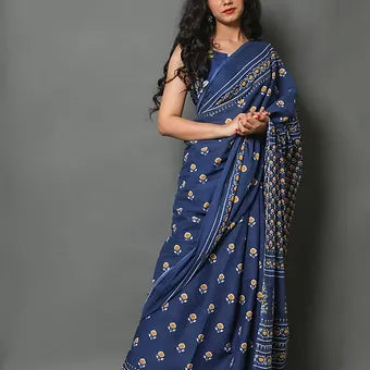 Navy Blue Mulmul Cotton Saree