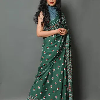 Bottle Green Mulmul Cotton Saree