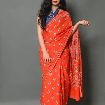 Orange Mulmul Cotton Saree