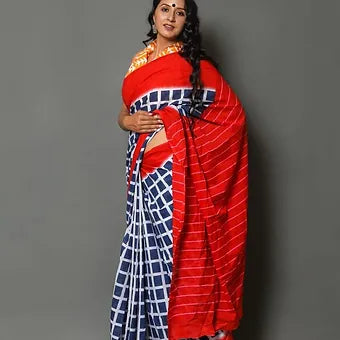 Navy Blue and White checked mulmul cotton saree