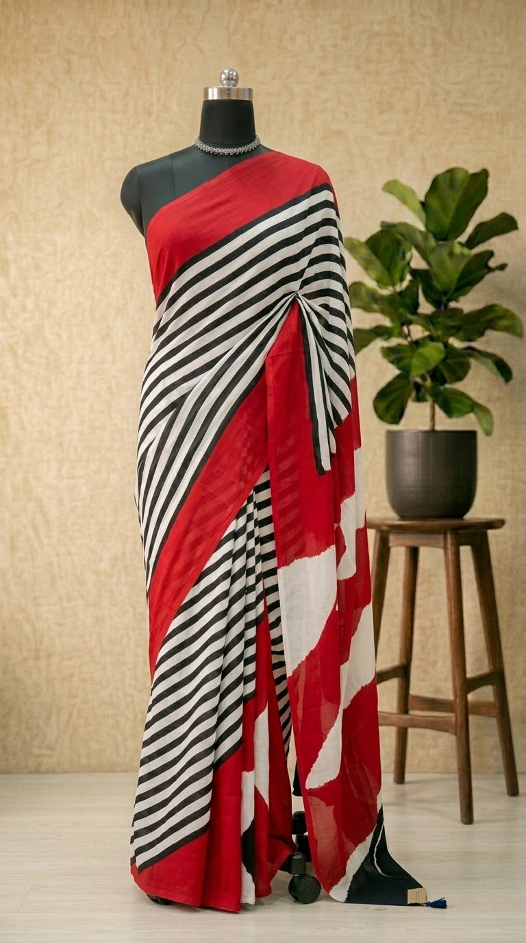 Red Whitek Mulmul Cotton Saree