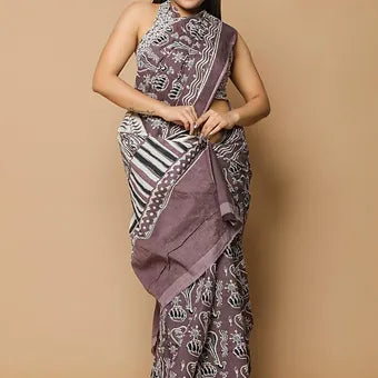 Taupe Brown Mulmul Cotton Saree