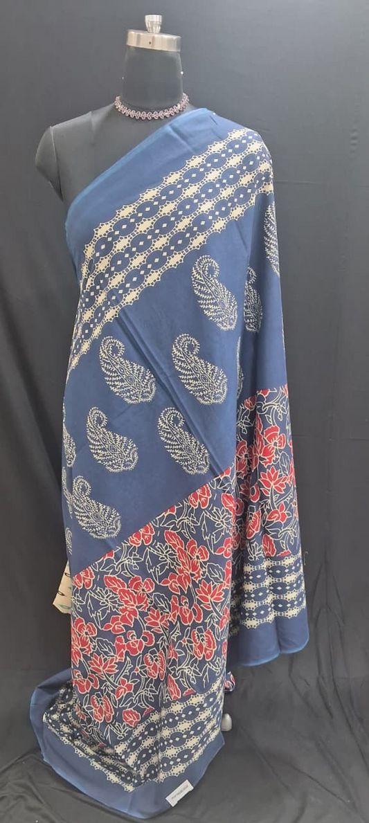 Indigo Blue Mulmul Cotton Saree